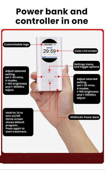 Power bank and controller image showing customizable settings, color LCD screen, adjustable modes, and 4000mAh capacity.
