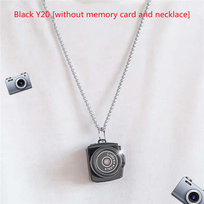 Black Y20 camera necklace without memory card, stylish accessory for photography lovers.