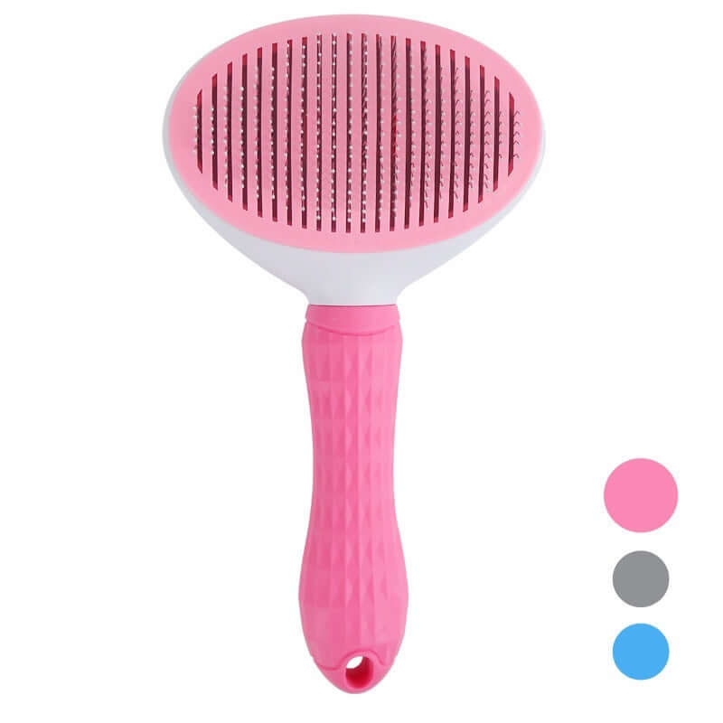 Pink flower needle comb for pet hair removal, ideal for cats and dogs, made of durable plastic.
