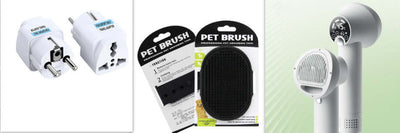 Various pet grooming tools including brushes and a smart pet hair dryer.