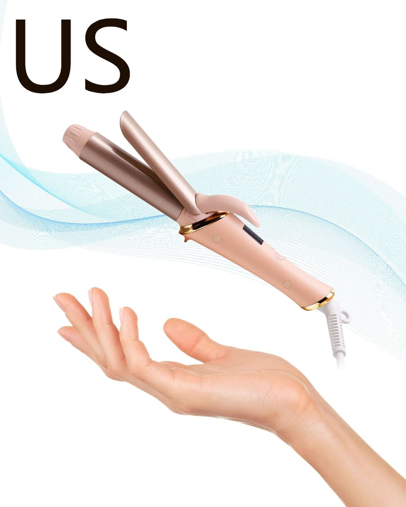 Portable Automatic Hair Curler shown in a hand, designed for US voltage standards, sleek pink design, ideal for effortless styling.