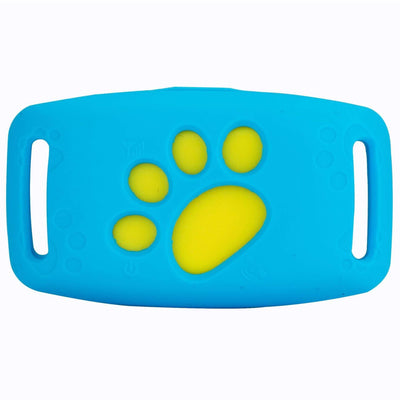 Sky blue waterproof GPS locator and intelligent pet tracker with yellow paw print design.