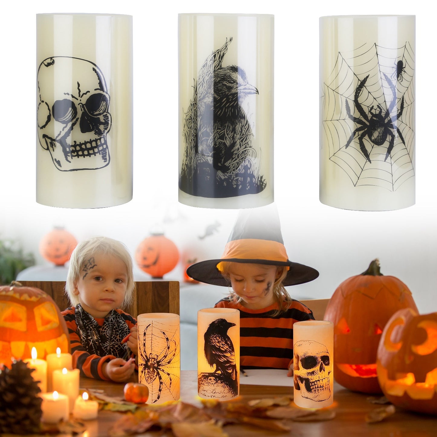NEVY-TECH offers 3 warm orange flameless candles with timer—battery-operated Halloween lights for safe, spooky décor.
