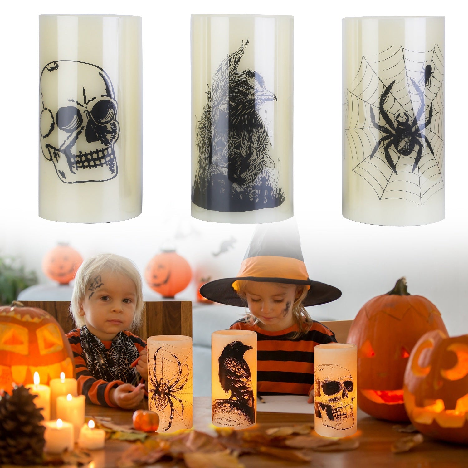 NEVY-TECH offers 3 warm orange flameless candles with timer—battery-operated Halloween lights for safe, spooky décor.