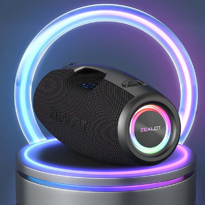 ZEALOT outdoor portable Bluetooth speaker with LED lights and vibrant design, perfect for music on the go.