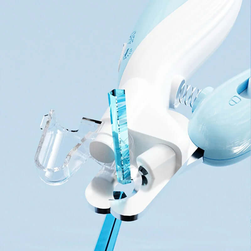 Close-up of an LED electric pet nail clipper with a clear guide and ergonomic design for safe claw trimming.
