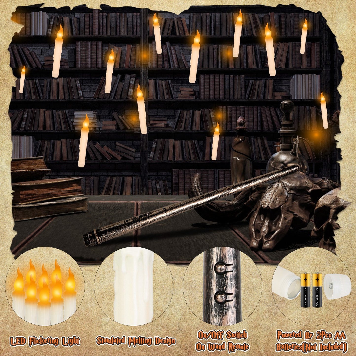 NEVY-TECH offers 12 floating LED candles with magic wand remote—perfect for Halloween, Christmas, and festive party décor.