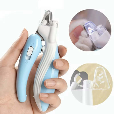 LED electric pet nail clippers with ergonomic handle and light for safe trimming of dogs and cats' claws.