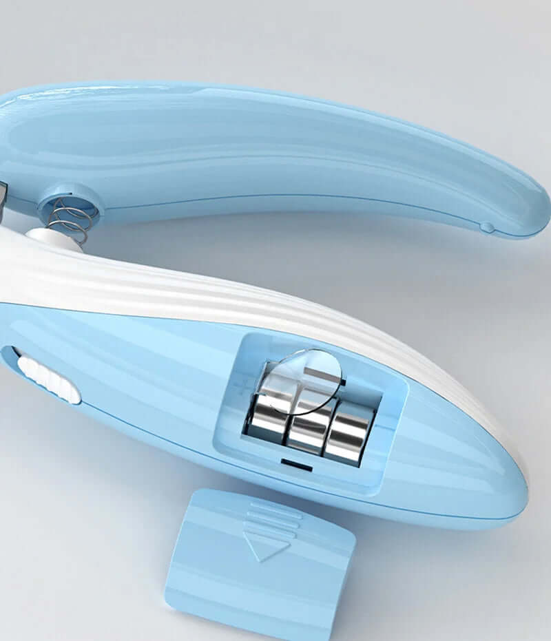 Light blue LED electric pet nail clippers designed for safe trimming of small pets' claws.