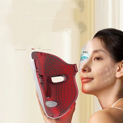 Woman using LED beauty mask with red light therapy for skin rejuvenation and wrinkle reduction.