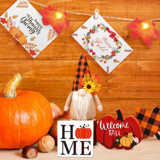NEVY-TECH brings cozy fall gnome decorations with pumpkins, maple leaves, and string lights—perfect for Thanksgiving and home décor.