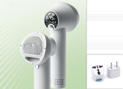 Smart pet hair dryer in white with digital display for effective dog and cat grooming.