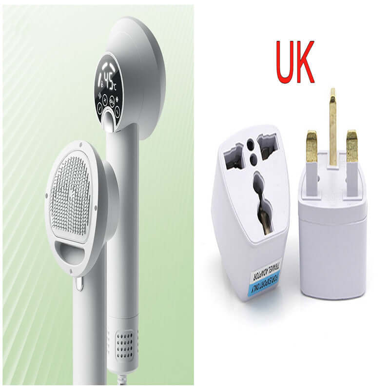 Smart pet hair dryer in white with UK adapter, featuring easy controls for pet grooming and styling.