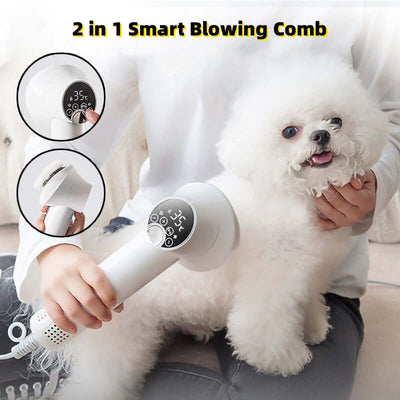 2-in-1 smart blowing comb for grooming pets, featuring a fluffy white dog and a user-friendly design.