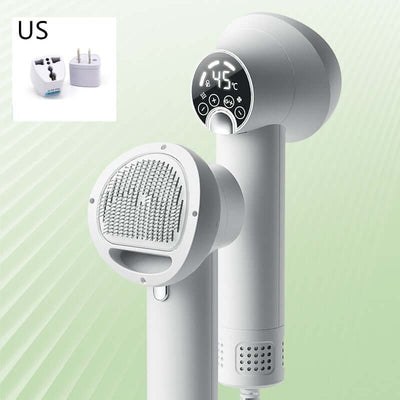 Smart pet hair dryer with digital display for grooming dogs and cats, white color, US power plug.