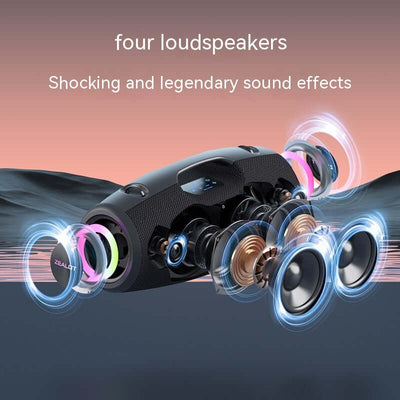 Outdoor portable car Bluetooth speaker with four loudspeakers delivering shocking sound effects.