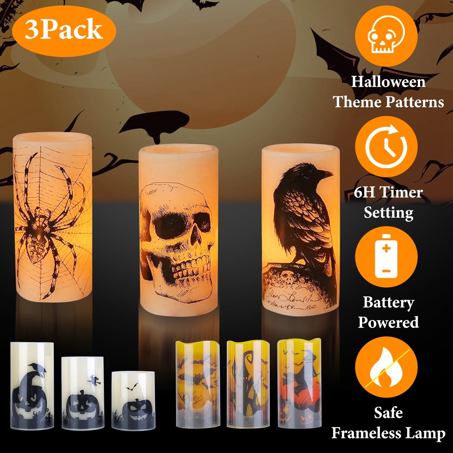NEVY-TECH offers 3 warm orange flameless candles with timer—battery-operated Halloween lights for safe, spooky décor.